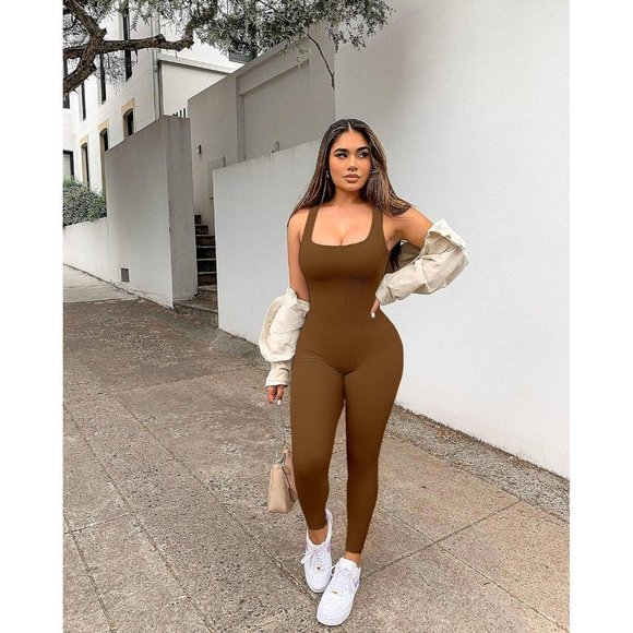 Women's Brown One Piece Square Neck Workout Seamless Jumpsuit - Picture 1 of 5